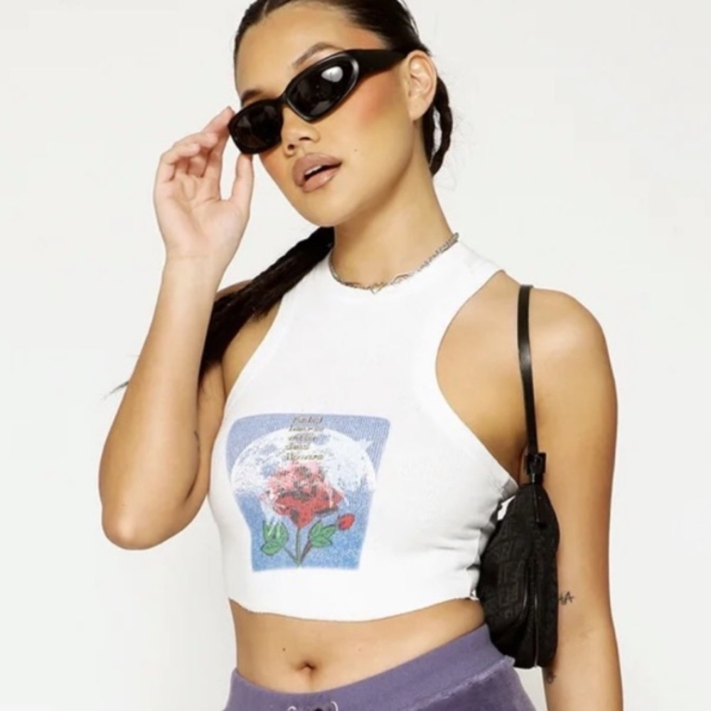 🌹Boys Lie Size OS White Grow Crop Tank "Faded Hearts Water Dead Flowers" Hip Hop